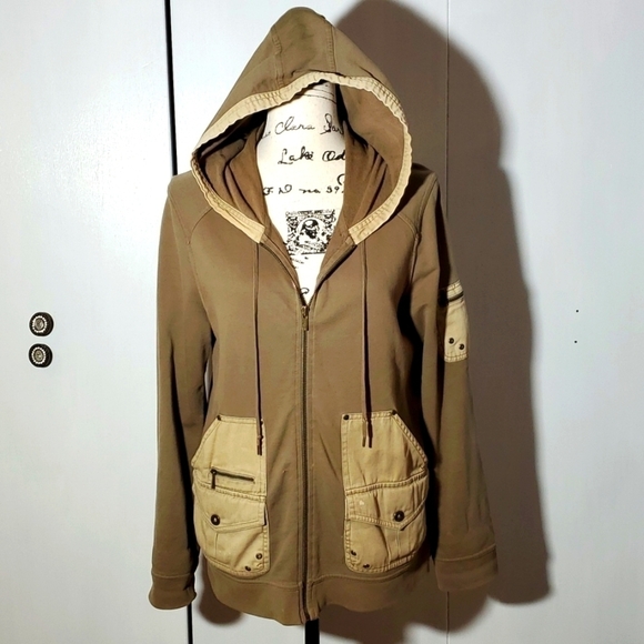 Lauren Ralph Lauren- Tan Utility Jacket Front Cargo Pockets Hood Neutral Sz. M - Picture 1 of 9
